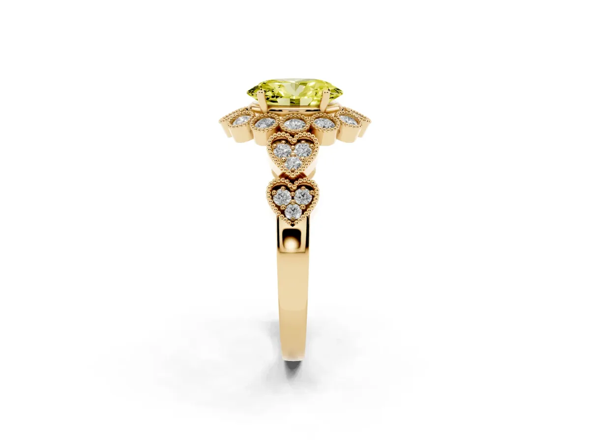 Fancy Yellow Oval Cut Brilliant Milgrain Pave Heart Band Solitaire Ring Yellow gold