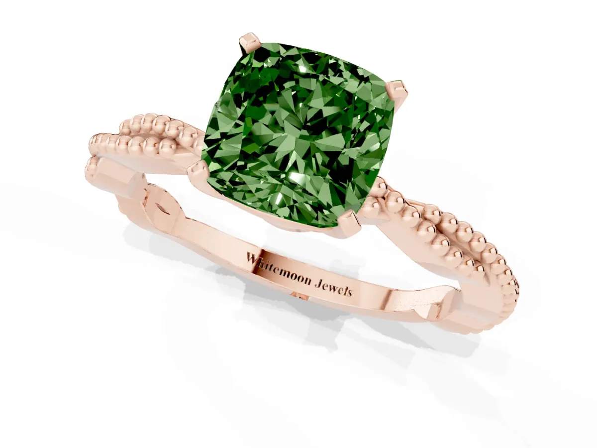 Fancy Green Cushion Cut Solitaire Twisted Band with Bead Prong Setting Rose gold