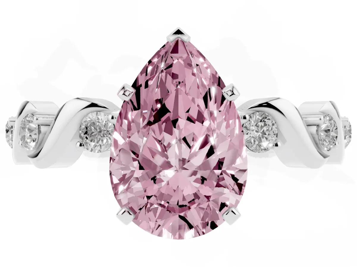 Fancy Pink Pear Cut Diamond Solitaire Twisted Band with Round Accents and Prong Setting Platinum