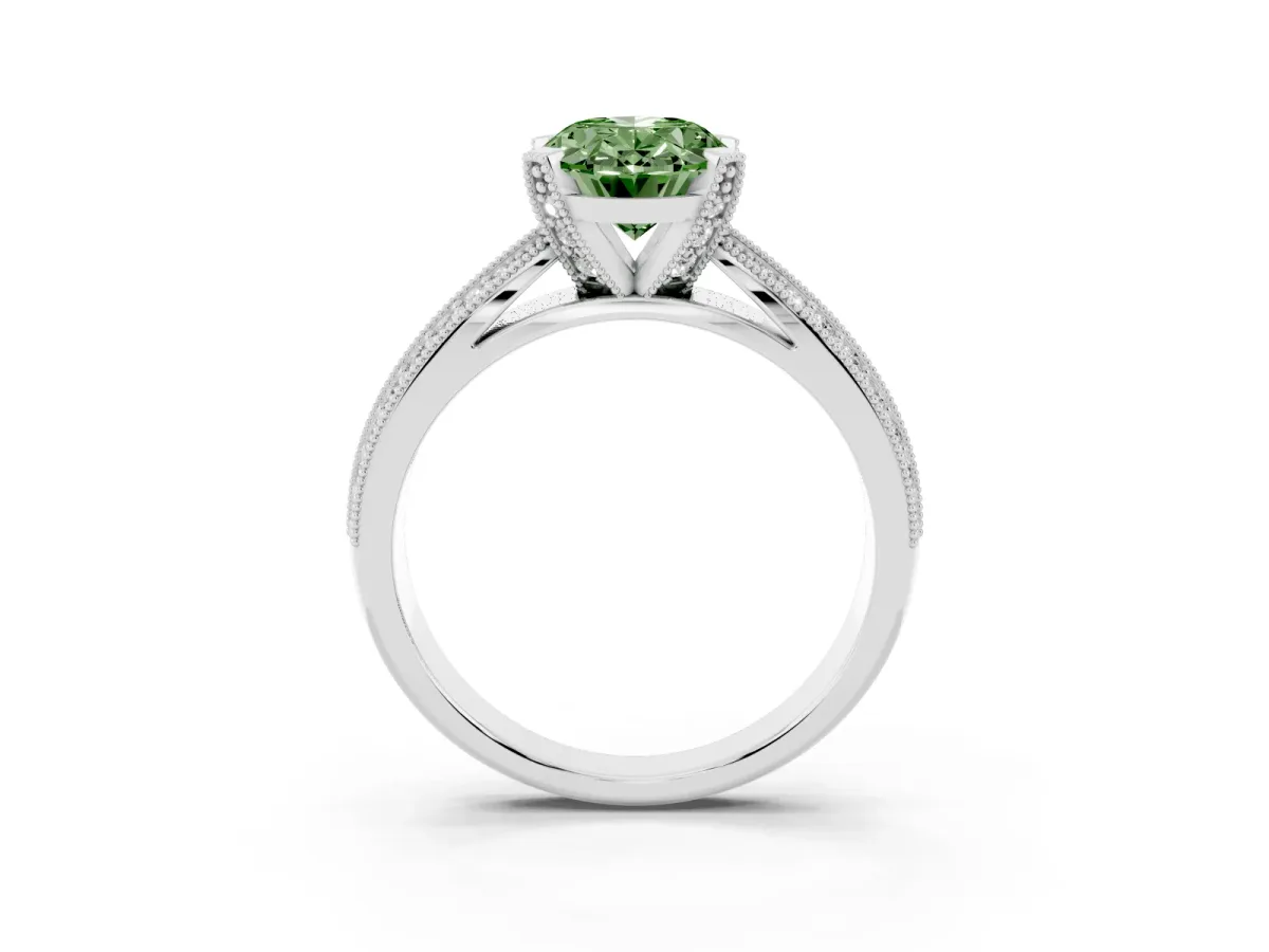 Fancy Green Oval Cut Diamond Solitaire Ring with Milgrain Round Pavé Band and Prong Setting White gold