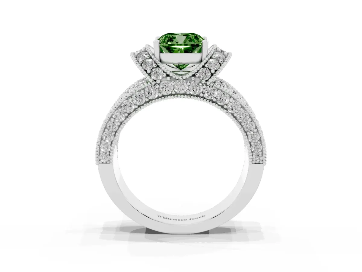Fancy Green Cushion Cut Halo Pave Diamond Engagement Ring with Milgrain Detailing Silver