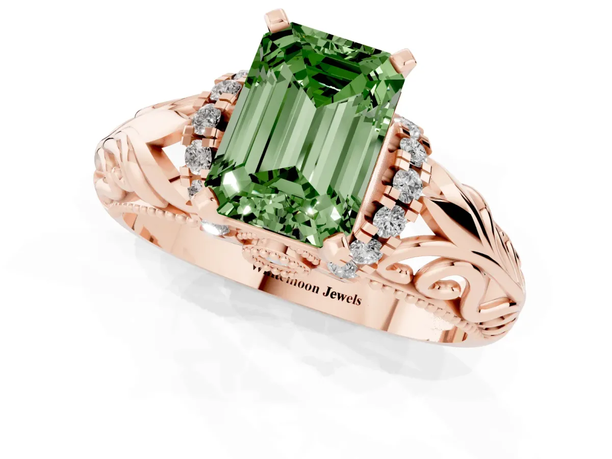 Fancy Green Emerald Cut Solitaire Filigree Engagement Ring with Halo and Prong Setting Rose gold
