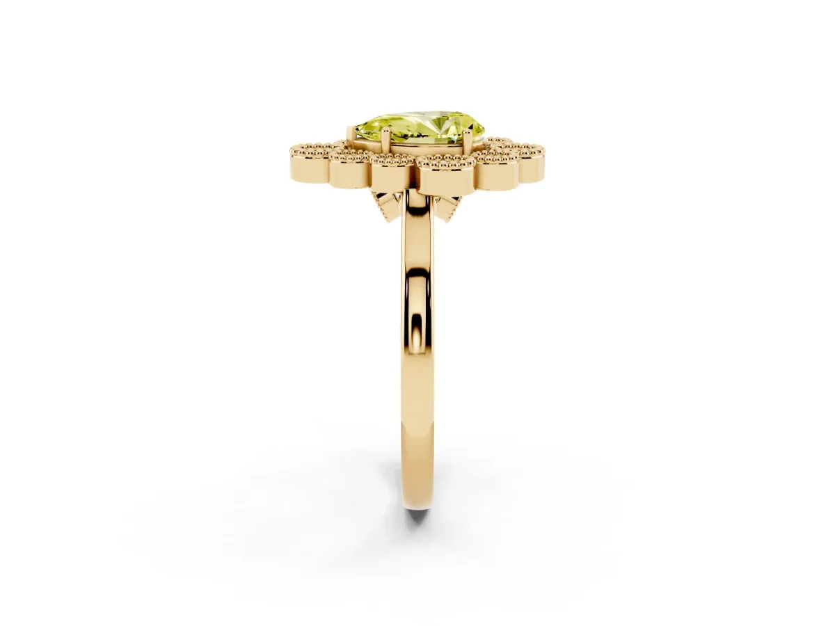 Fancy Yellow Pear Cut Halo Diamond Cluster Engagement Ring with Milgrain Bezel Setting and Solitaire Band Yellow gold