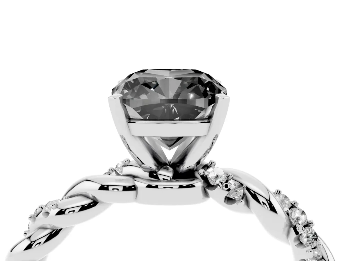 Fancy Black Cushion Cut Diamond Solitaire Ring with Twisted Band and Pavé Accents White gold
