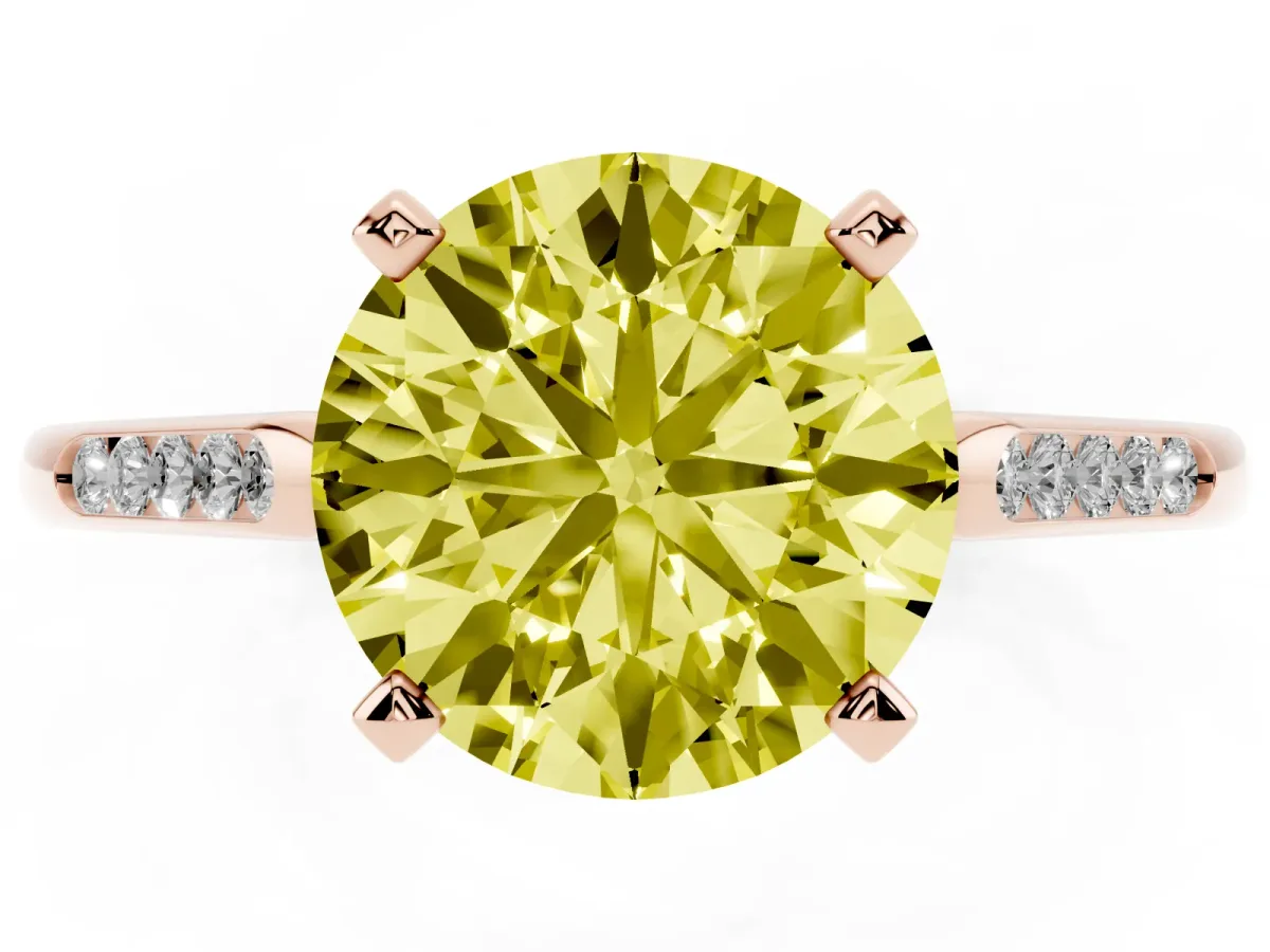 Fancy Yellow Round Cut Diamond Solitaire Ring with Channel Set Round Band and Prong Setting Rose gold