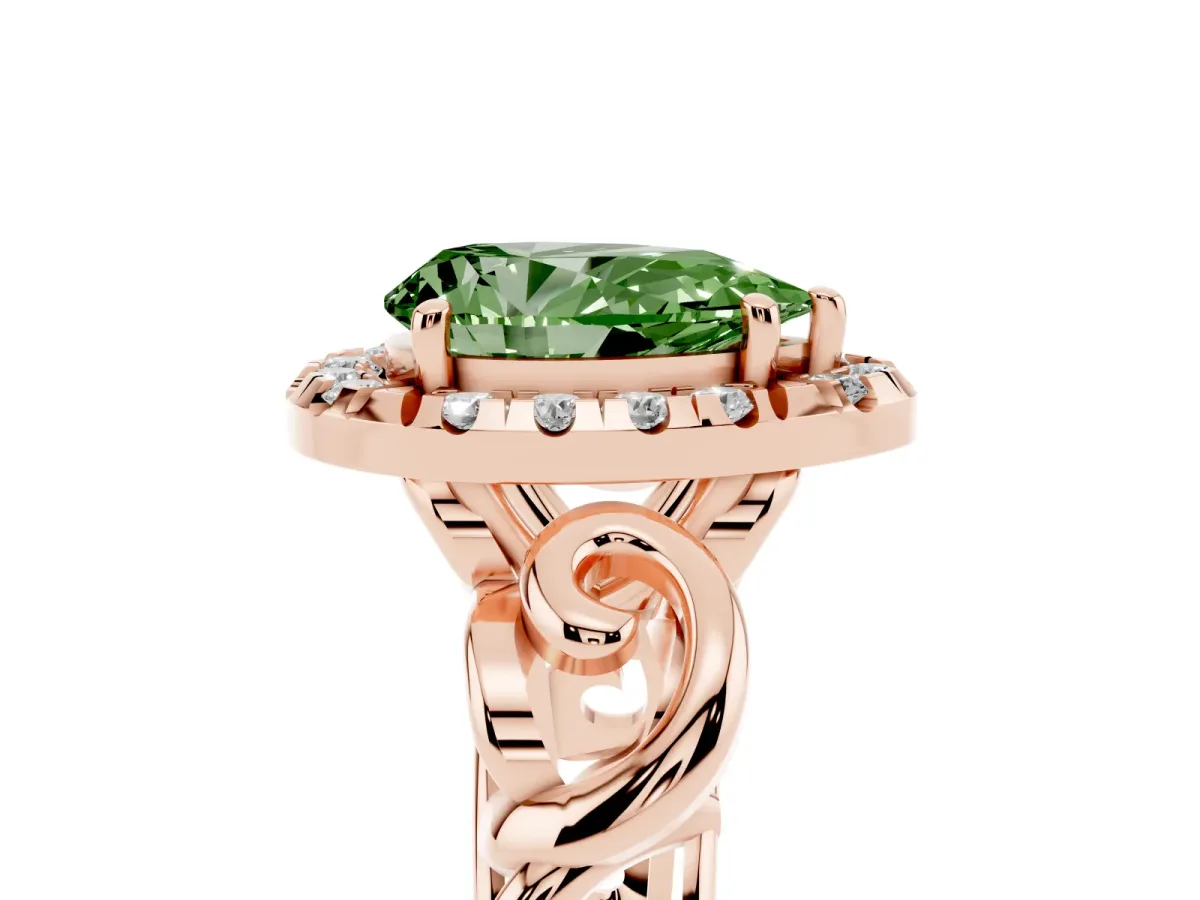 Fancy Green Pear Cut Cut Halo Diamond Ring with Scrollwork Band and Four-Prong Setting Rose gold