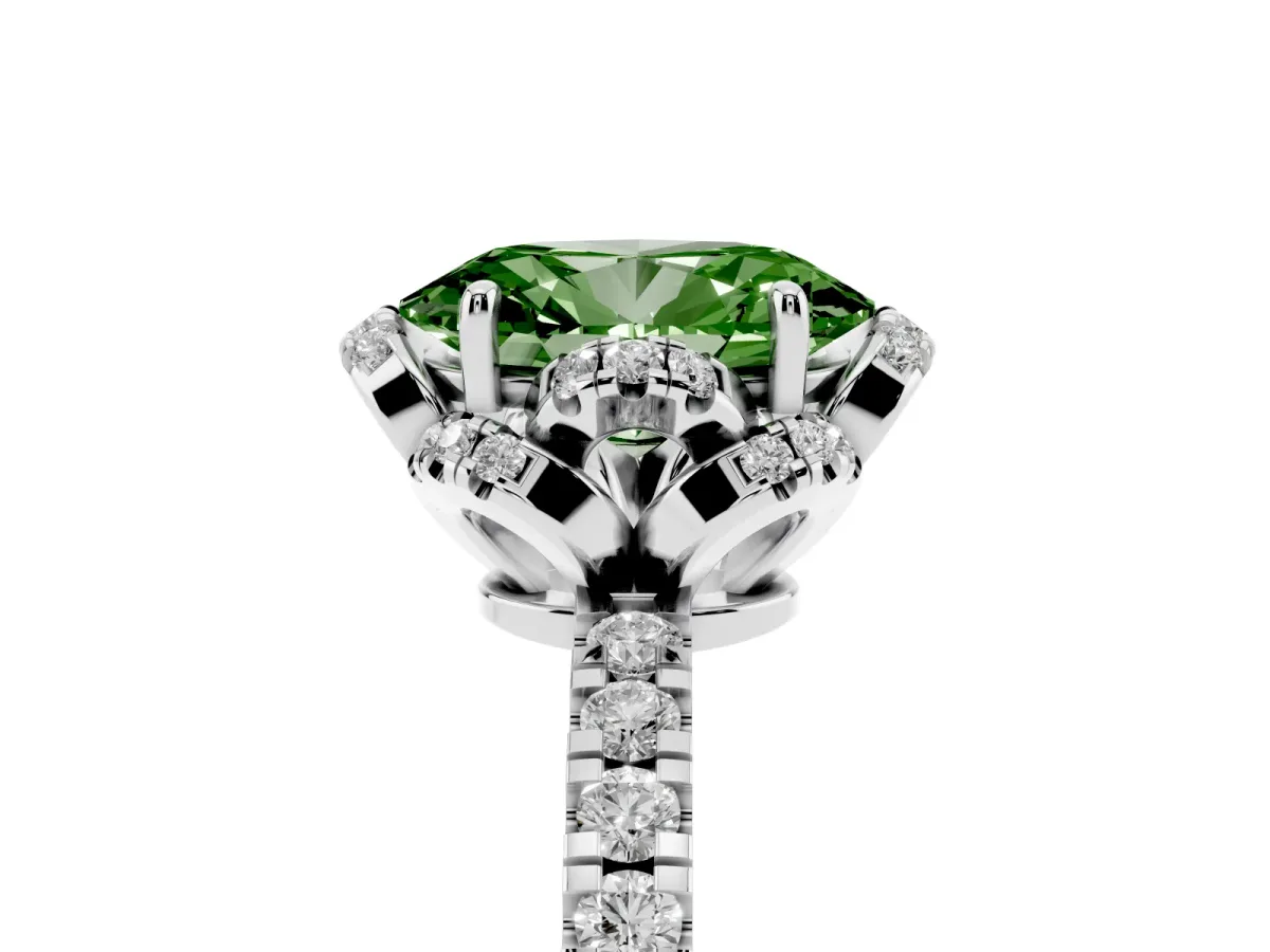 Fancy Green Oval Cut Halo Diamond Pave Band Ring with Four-Prong Setting Silver