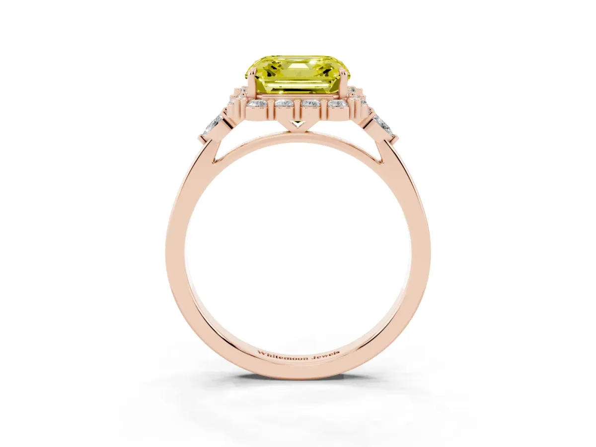 Fancy Yellow Asscher Cut Diamond Halo Ring with Pear Side Stones and Prong Setting Rose gold