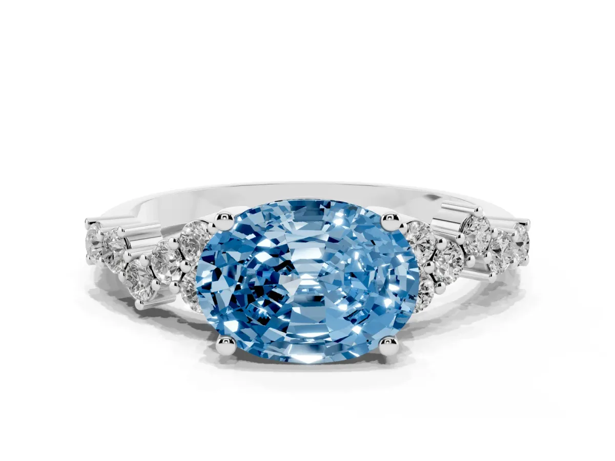 Fancy Blue Oval Cut Diamond Scattered Round Accent Ring with Prong Setting White gold