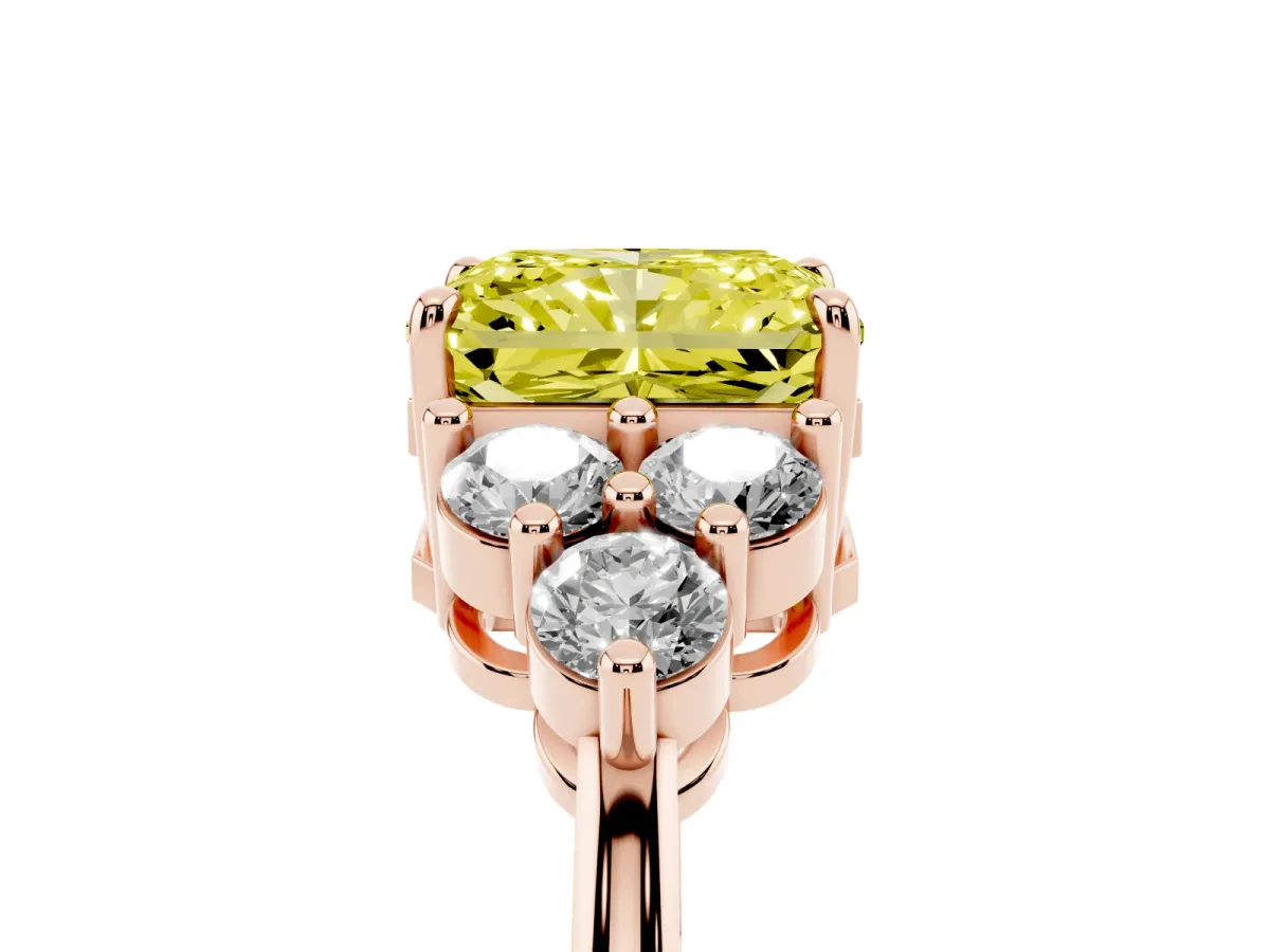 Fancy Yellow Radiant Cut Brilliant Diamond Cluster Accent Solitaire Ring with Prong Setting Rose gold