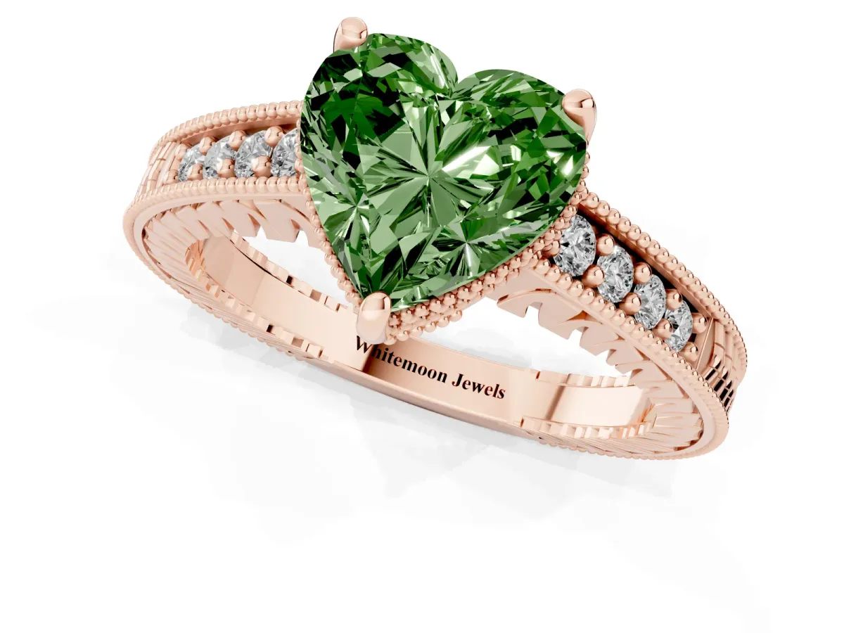 Fancy Green Heart Cut Solitaire Pavé Diamond Milgrain Engagement Ring with Four-Prong Setting Rose gold