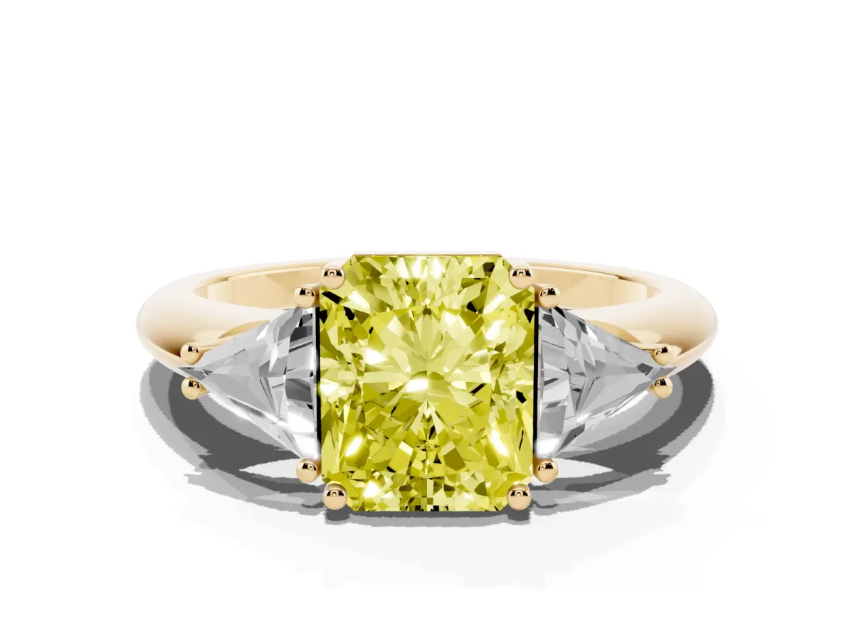 Fancy Yellow Three-Stone Radiant Cut Diamond Engagement Ring with Trillion Side Stones and Prong Setting Yellow gold