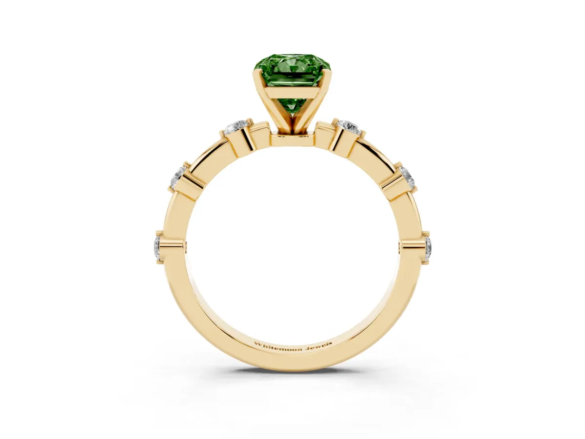 Fancy Green Radiant Cut Solitaire Diamond Ring with Bezel Set Side Stones and Prong Setting Yellow gold