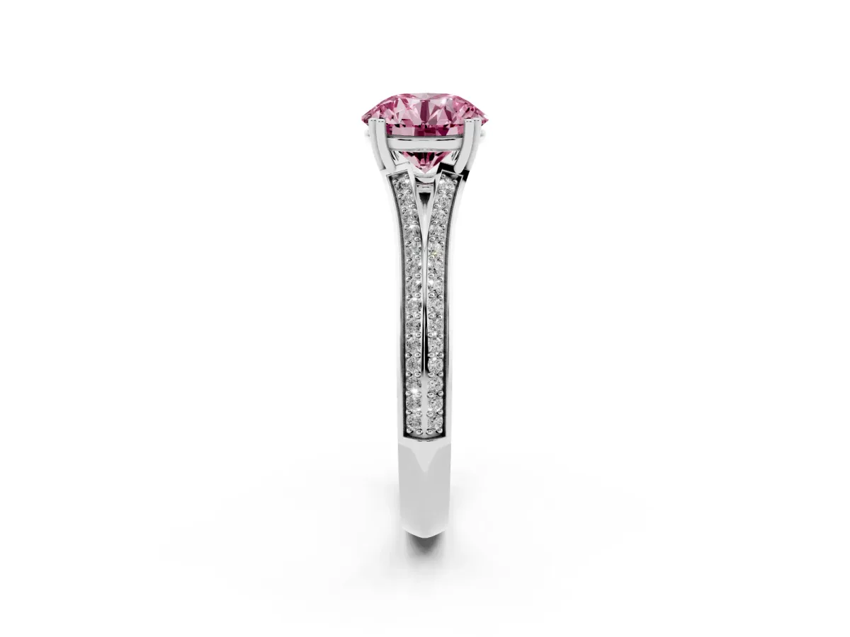 Fancy Pink Round Cut Diamond Split Shank Engagement Ring with Pavé Band Silver