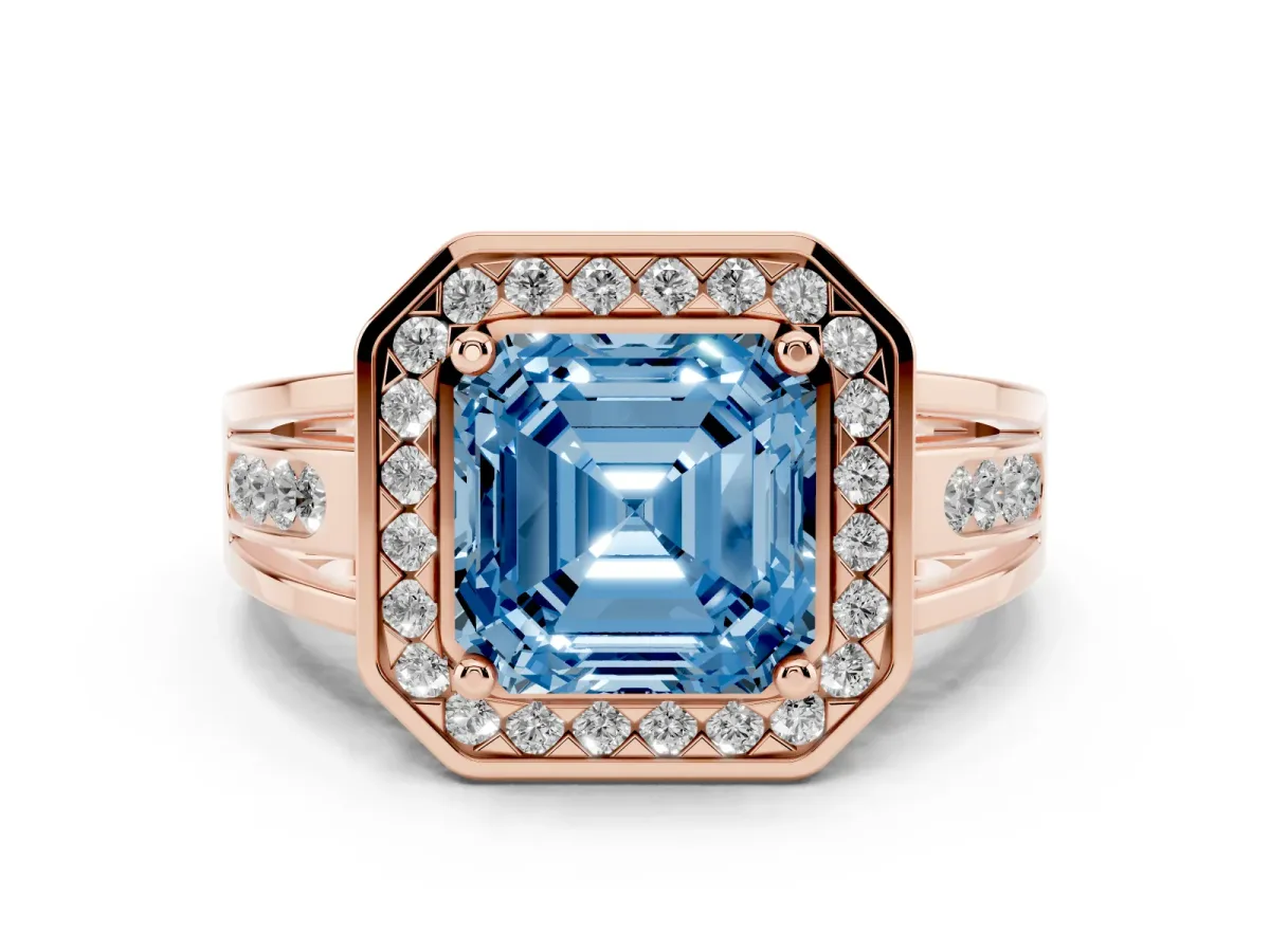 Fancy Blue Asscher Cut Diamond Halo Ring with Split Shank and Bezel Accents and Prong Setting Rose gold