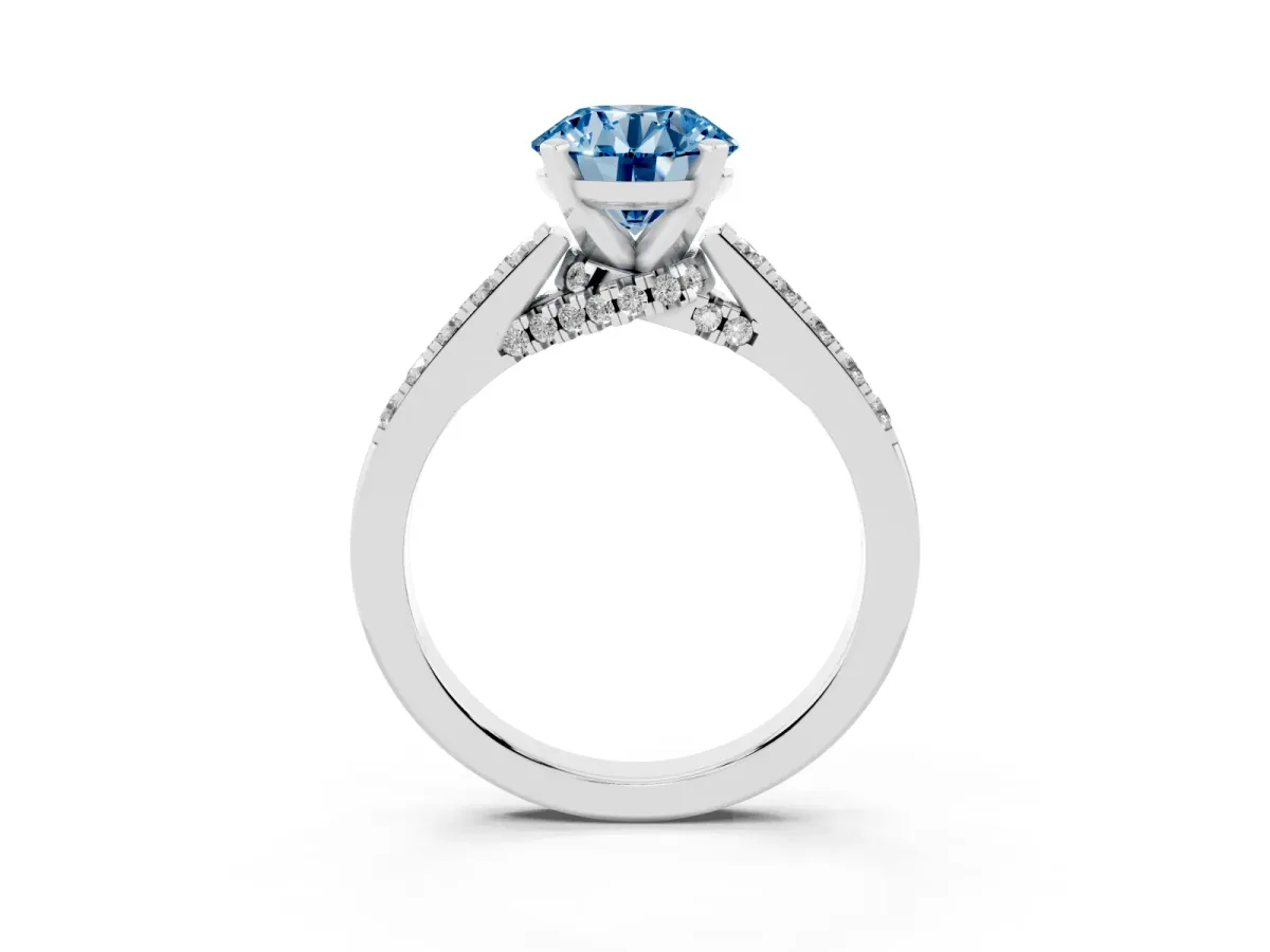 Fancy Blue Round Cut Diamond Solitaire Ring with Crossover Gallery and Round Pavé Band Silver
