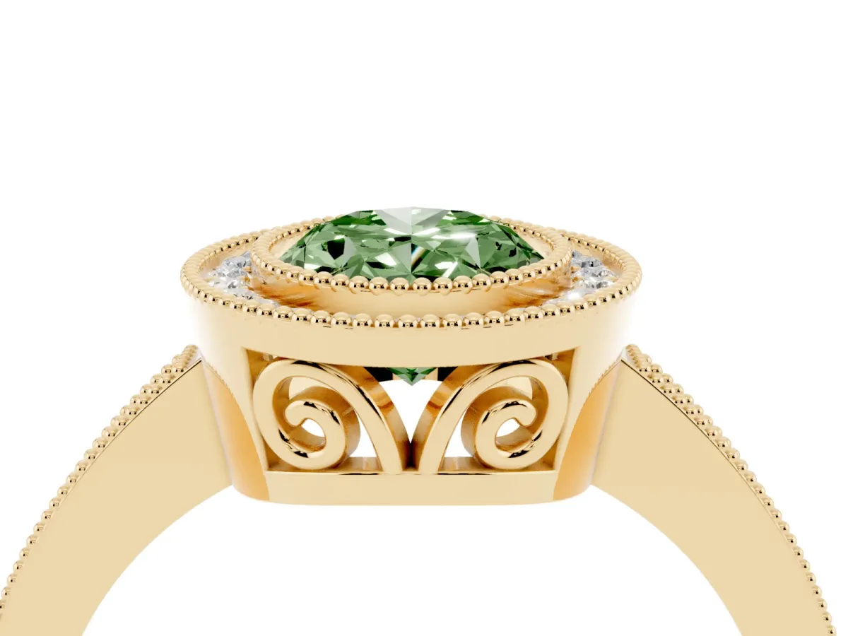Fancy Green Oval Cut Cut Halo Diamond Ring with Pavé Band and Milgrain Prong Setting Yellow gold