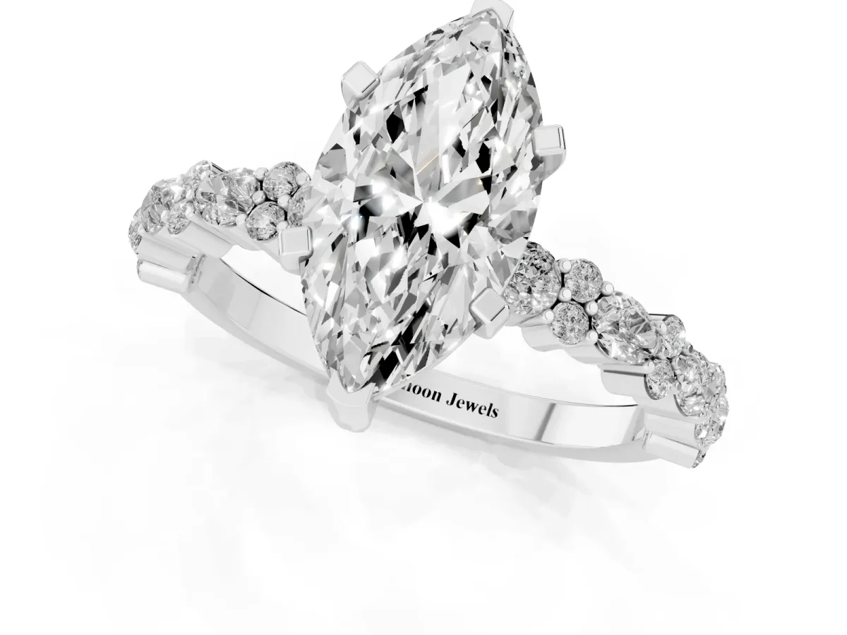 Marquise Cut Diamond Side Stone Solitaire Ring with Round and Four-Prong Setting Silver