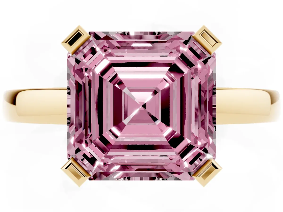 Fancy Pink Asscher Cut Cut Solitaire Ring with Four-Prong Setting and Classic Band Yellow gold