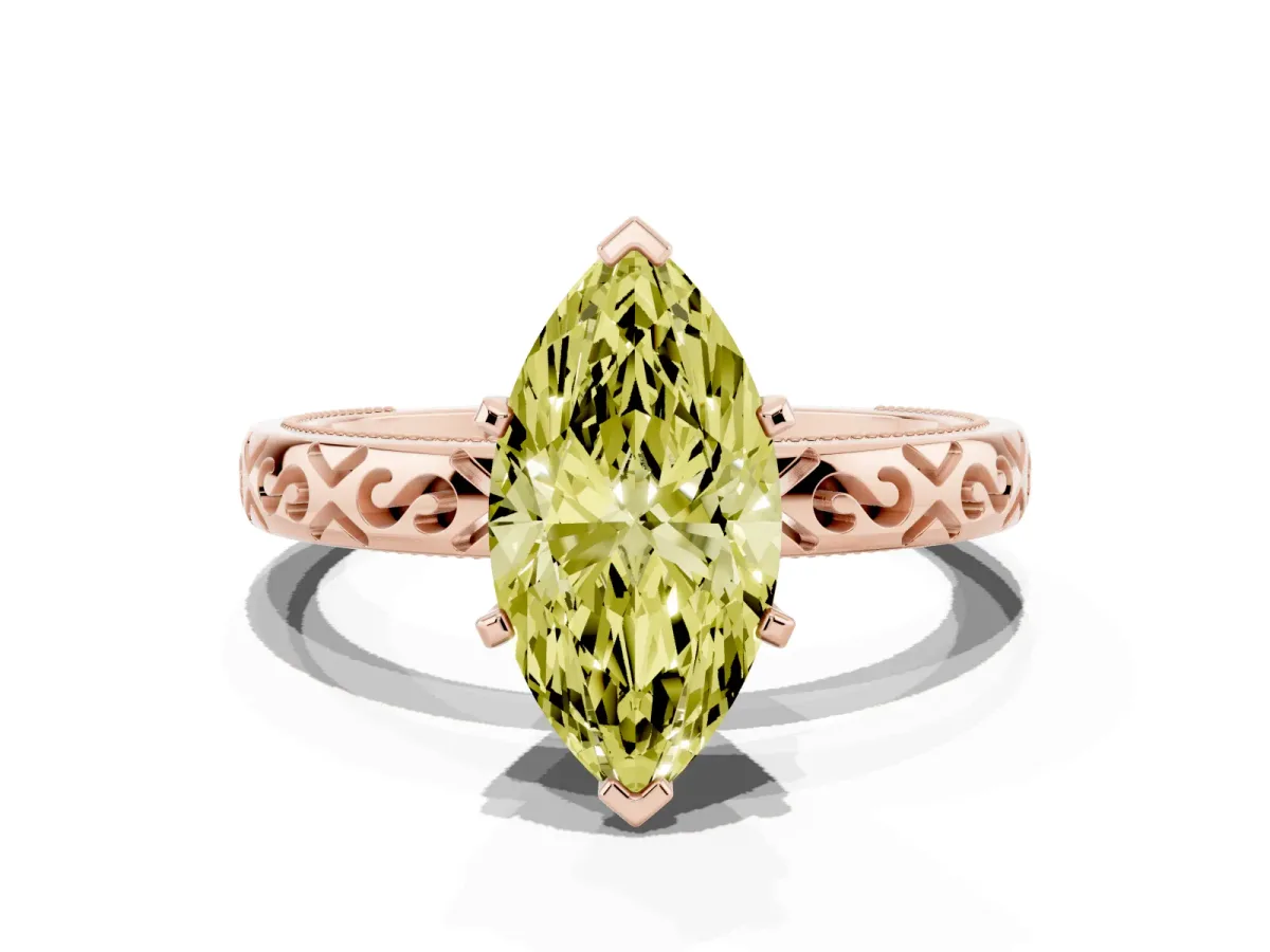 Fancy Yellow Marquise Cut Solitaire Engagement Ring with Scrollwork Band and Four-Prong Setting Rose gold
