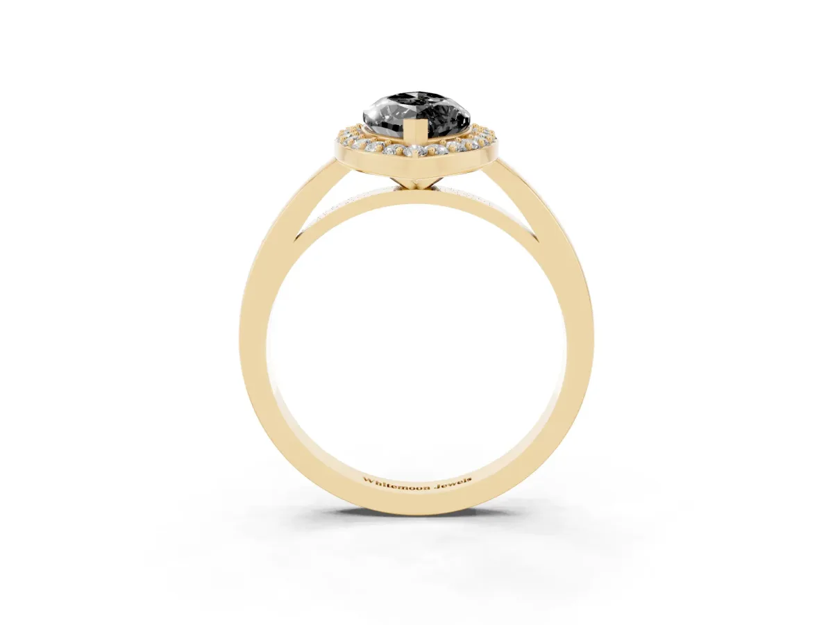Fancy Black Marquise Cut Halo Diamond Ring with Solitaire Band and Prong Setting Yellow gold