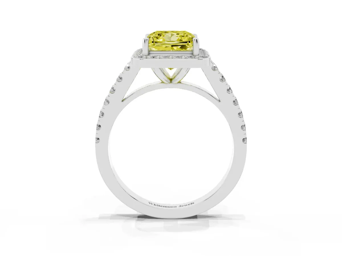 Fancy Yellow Princess Cut Diamond Halo Ring with Round Pavé Split Shank and Prong Setting Silver