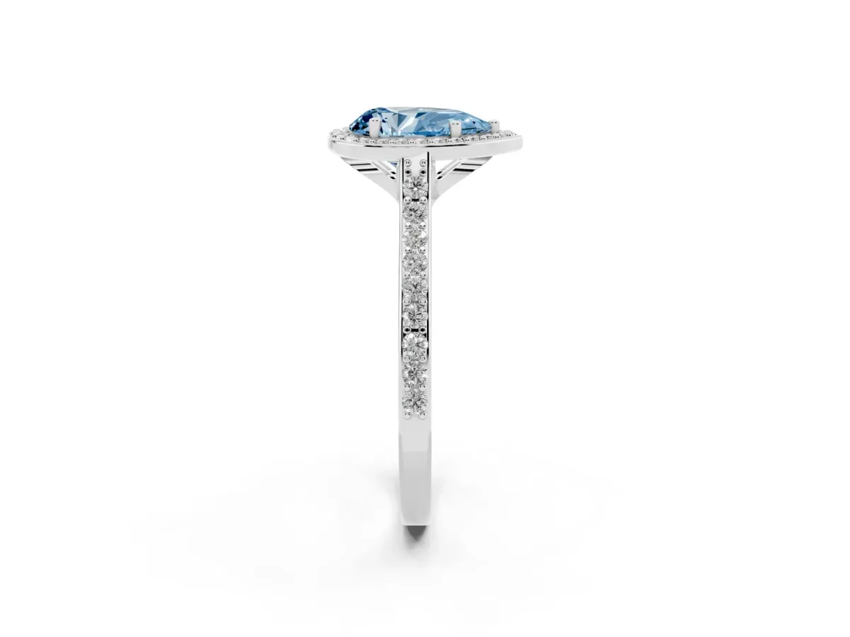 Fancy Blue Pear Cut Diamond Halo Engagement Ring with Round Pavé Shoulders and Prong Setting Platinum