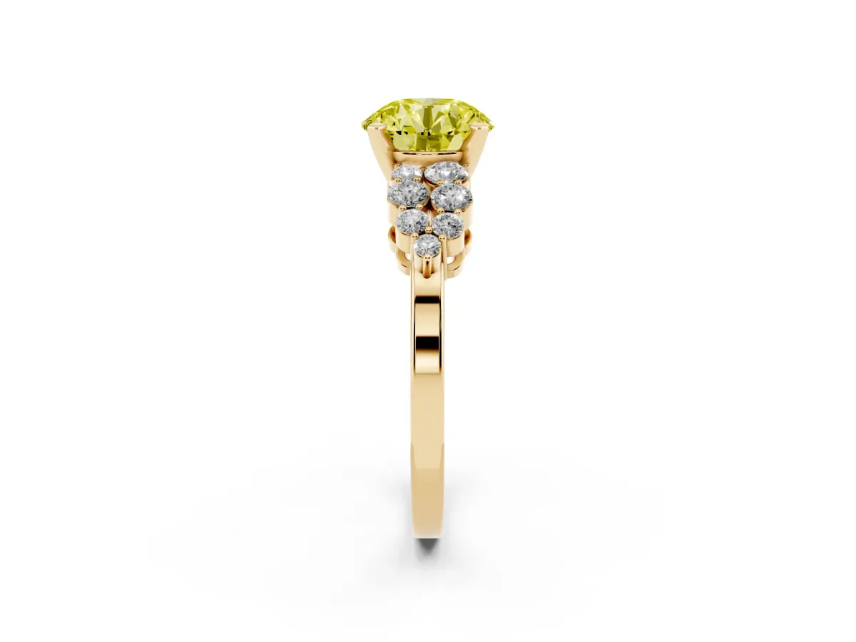 Fancy Yellow Round Cut Cluster Diamond Engagement Ring with Pavé Band and Four-Prong Setting Yellow gold