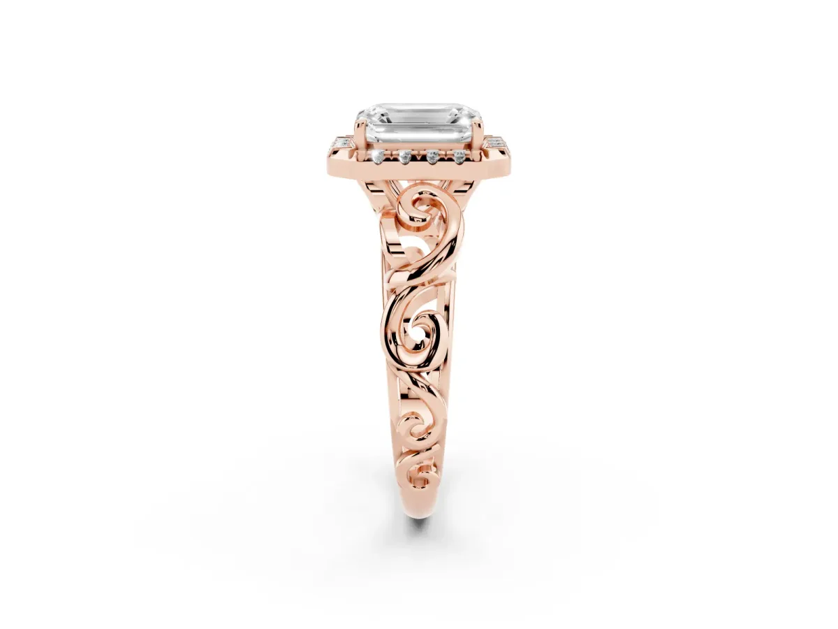 Emerald Cut Cut Halo Diamond Ring with Scrollwork Band and Four-Prong Setting Rose gold