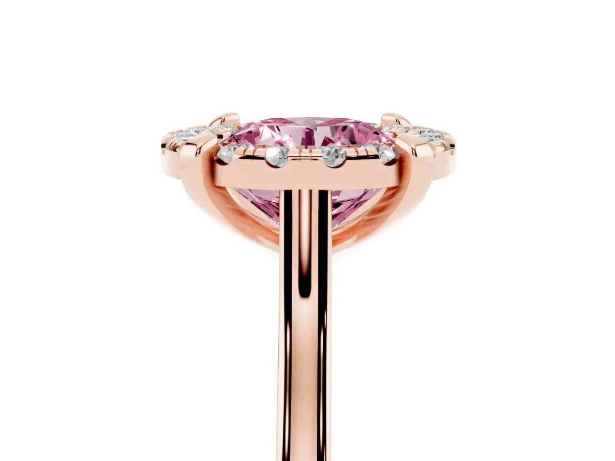 Fancy Pink Round Cut Diamond Cluster Halo Solitaire with Four-Prong Setting Rose gold