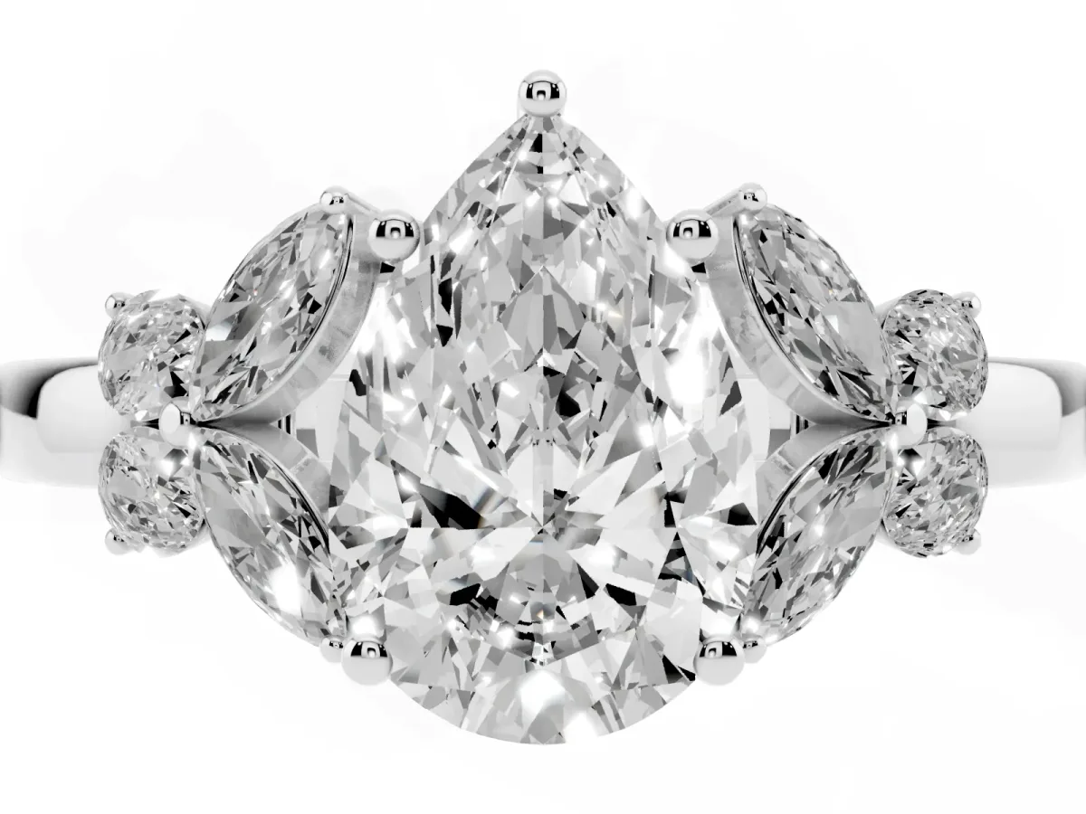 Pear Cut Cut Solitaire Floral Diamond Ring with Four-Prong Setting Platinum