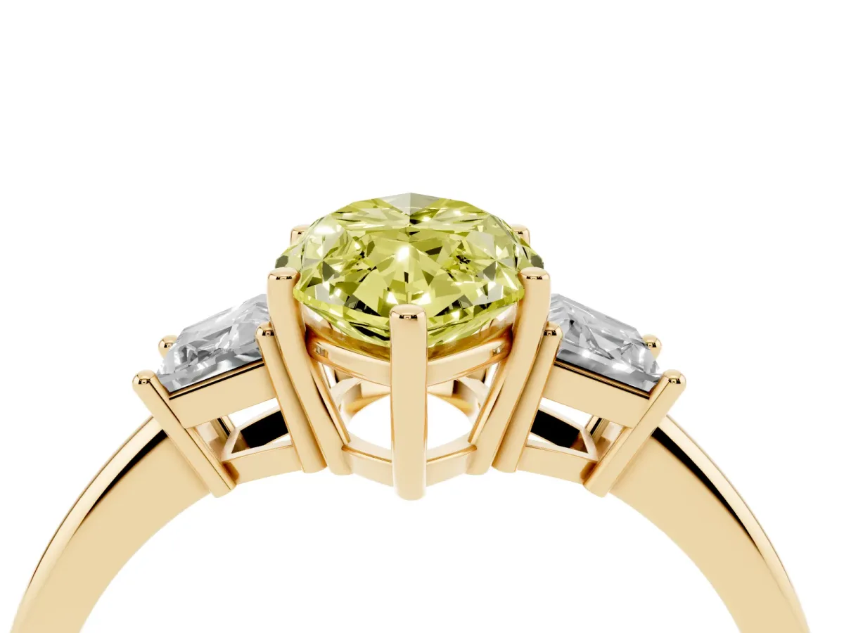 Fancy Yellow Marquise Cut Diamond Three-Stone Ring with Trapezoid Side Stones and Prong Setting Yellow gold
