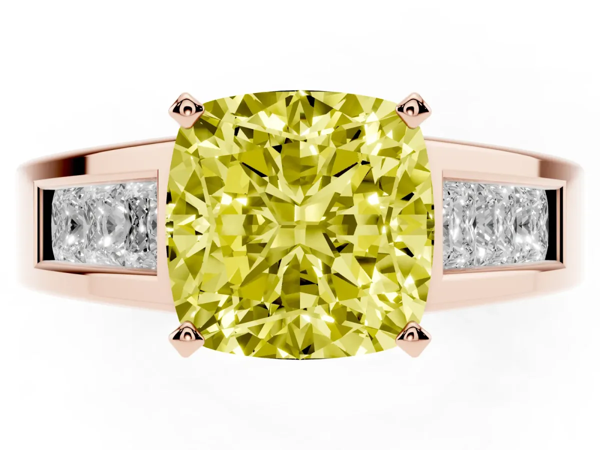 Fancy Yellow Cushion Cut Cut Channel Set Solitaire Ring with Four-Prong Setting Rose gold