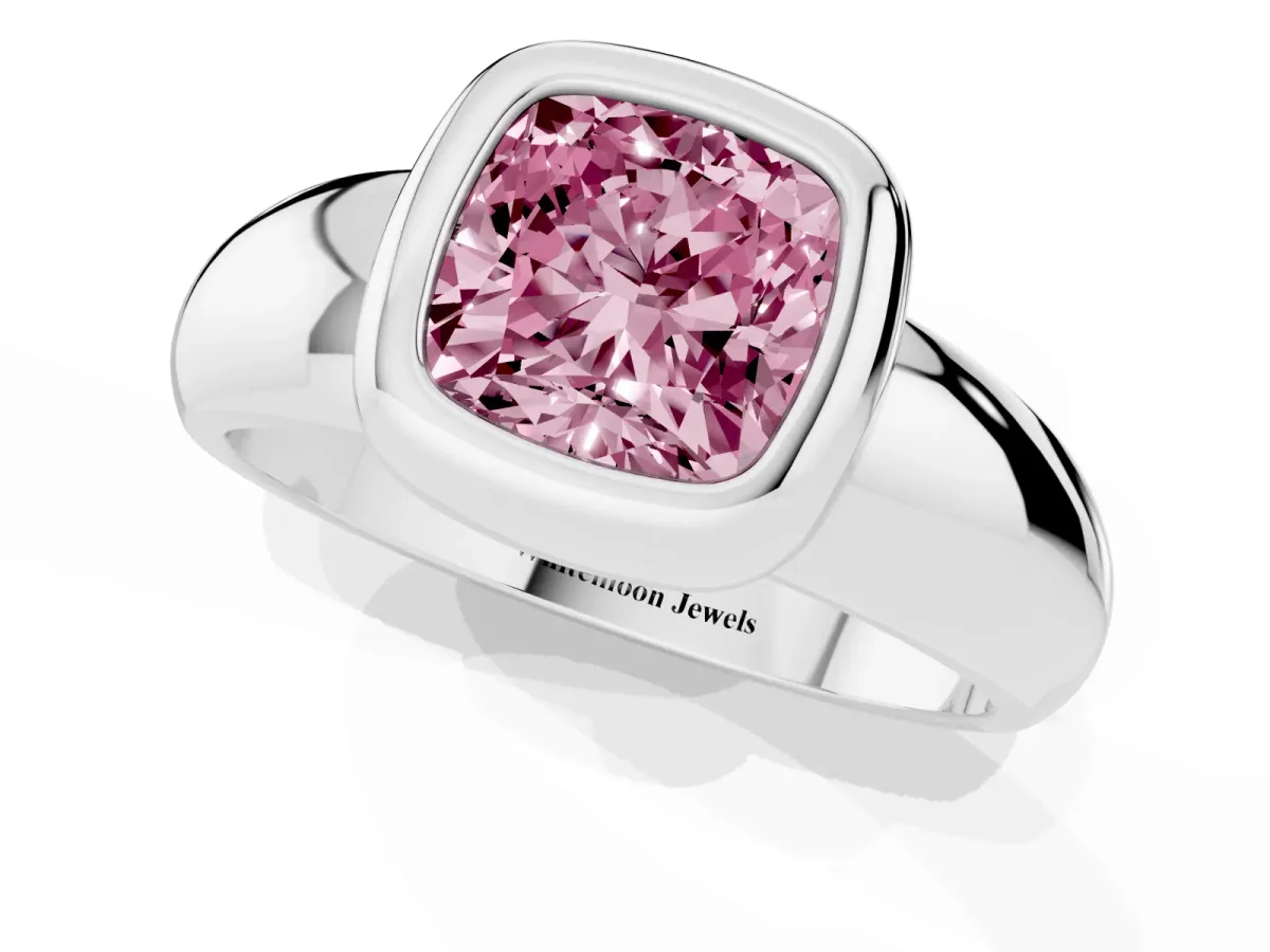 Fancy Pink Bezel Set Cushion Cut Solitaire Ring with Wide Band Silver