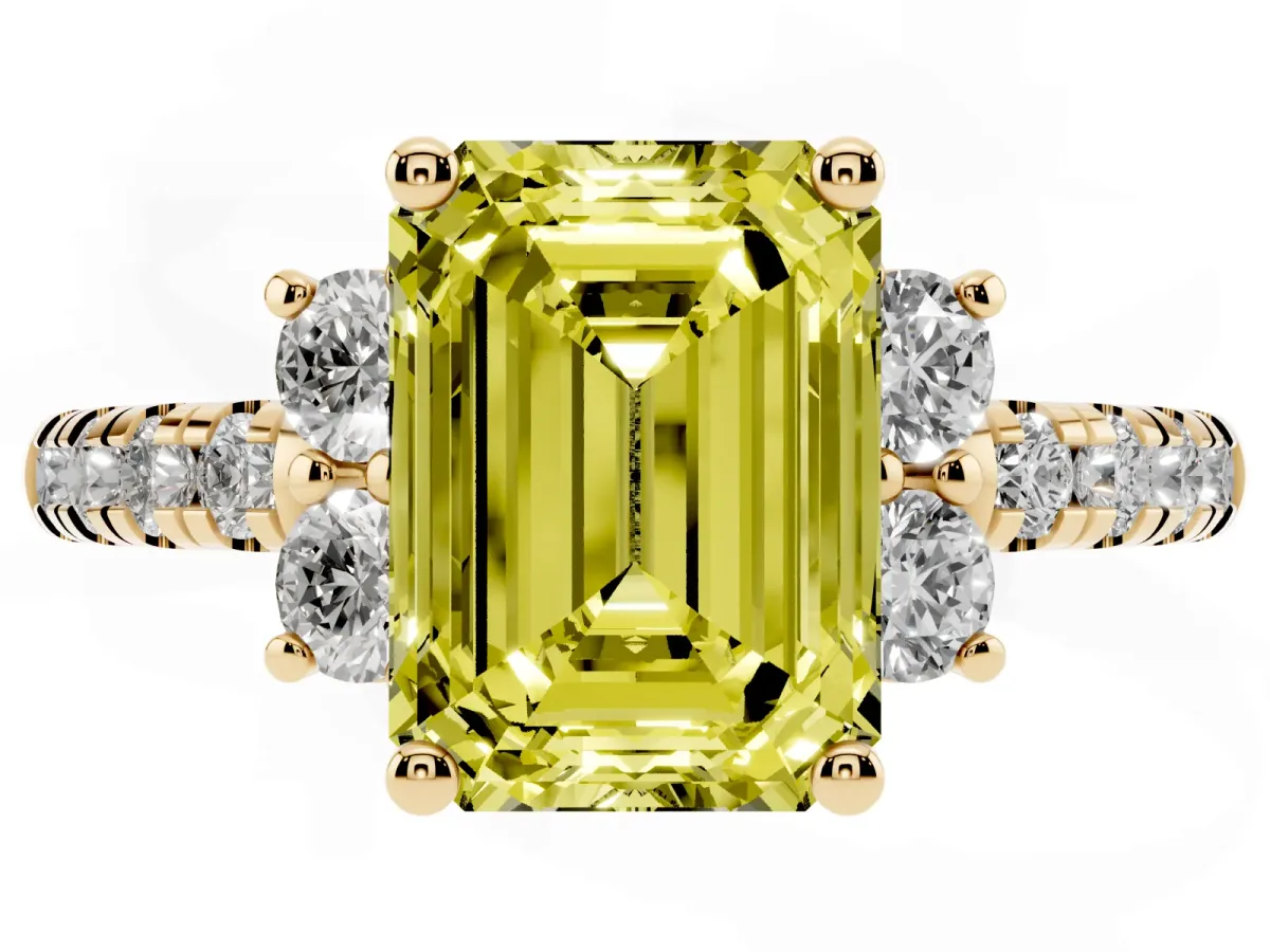 Fancy Yellow Emerald Cut Diamond Three-Stone Pave Band with Four-Prong Setting Yellow gold
