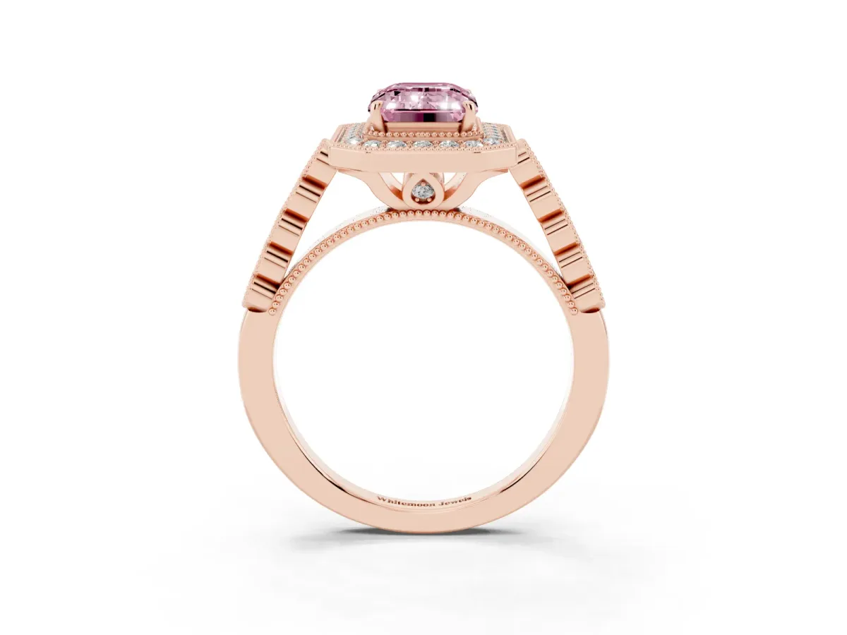Fancy Pink Emerald Cut Halo Milgrain Solitaire with Bezel Set Side Stones and Pave Band Rose gold