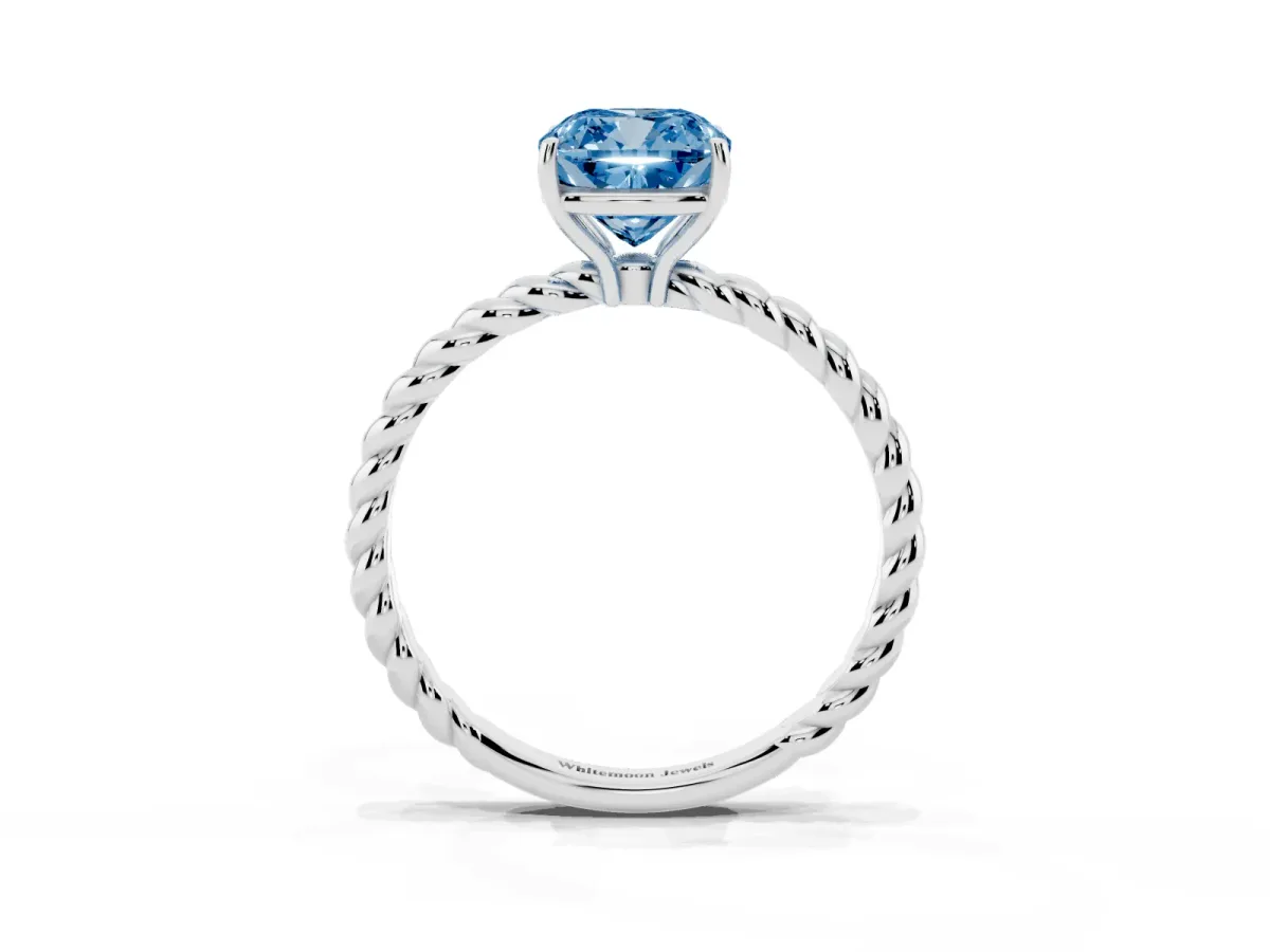 Fancy Blue Cushion Cut Solitaire Twisted Band 4-Prong Ring Silver