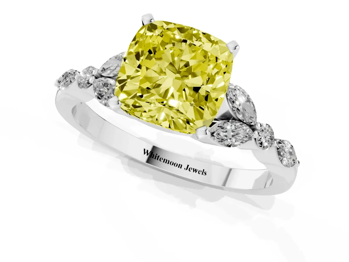 Fancy Yellow Cushion Cut Diamond Solitaire Ring with Side Stones and Four-Prong Setting Silver
