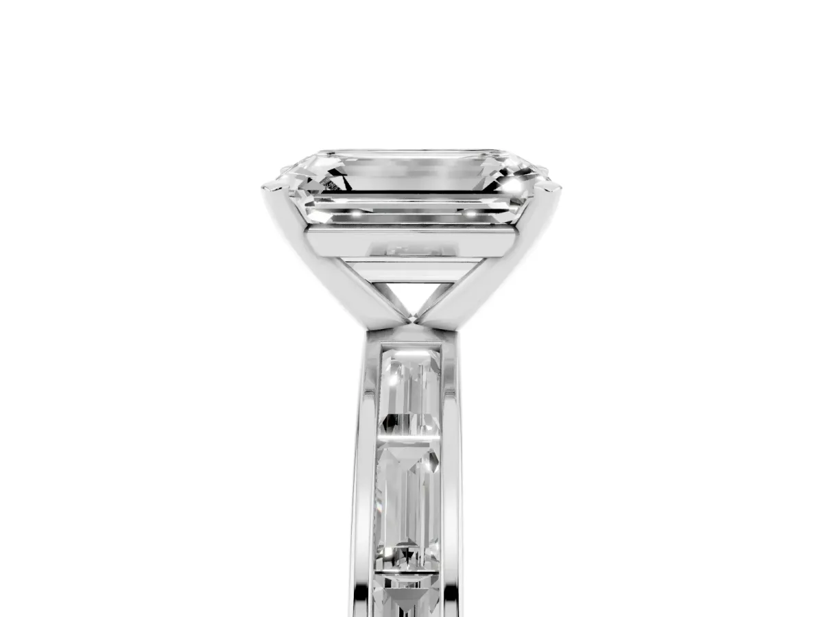 Emerald Cut Solitaire Diamond Ring with Channel-Set Baguette Band and Four-Prong Setting Silver