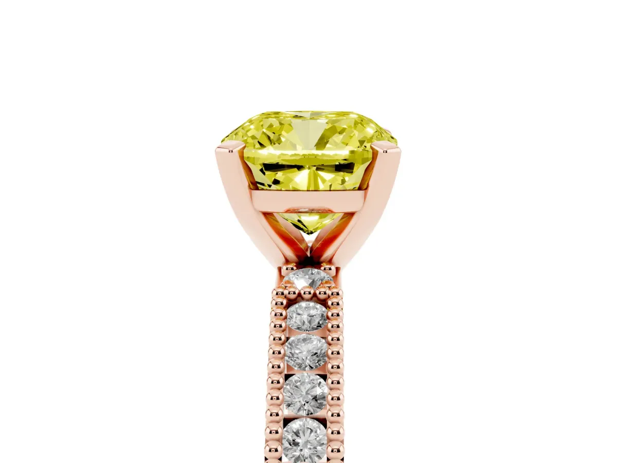 Fancy Yellow Cushion Cut Solitaire with Pavé Band and Four-Prong Setting Rose gold