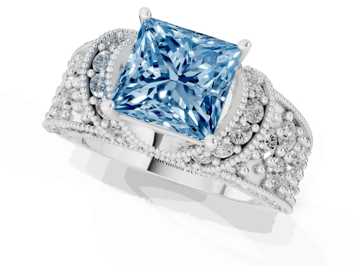 Fancy Blue Princess Cut Halo Pave Diamond Engagement Ring with Milgrain Detailing Silver