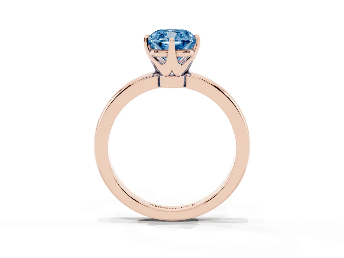 Fancy Blue Cushion Cut Solitaire Diamond Ring with Six-Prong Setting on a Classic Band Rose gold