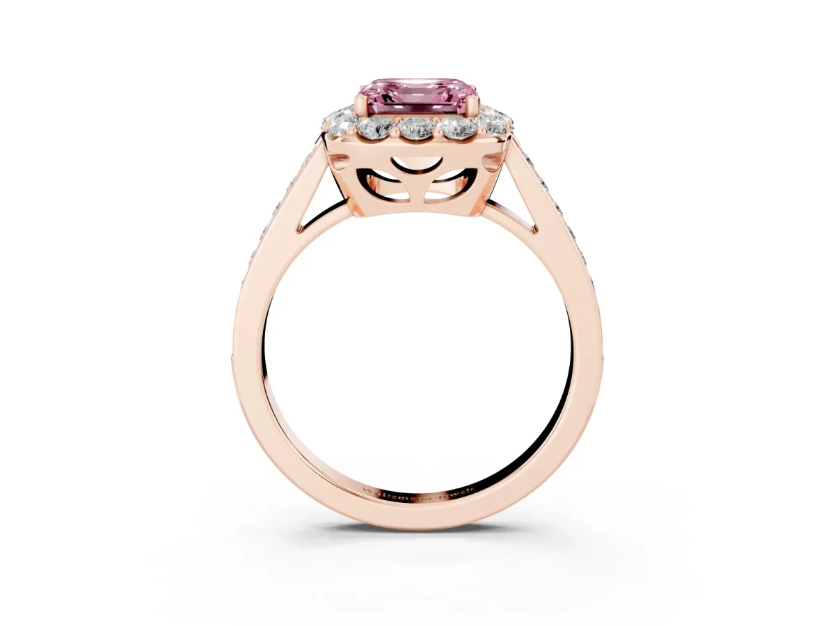 Fancy Pink Asscher Cut Diamond Floral Halo Ring with Pavé Band and Prong Setting Rose gold