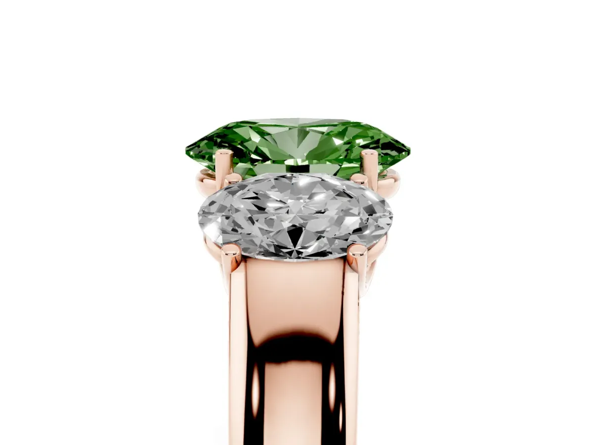 Fancy Green Three-Stone Oval Cut Cut Diamond Ring with Prong Setting and Classic Band Rose gold