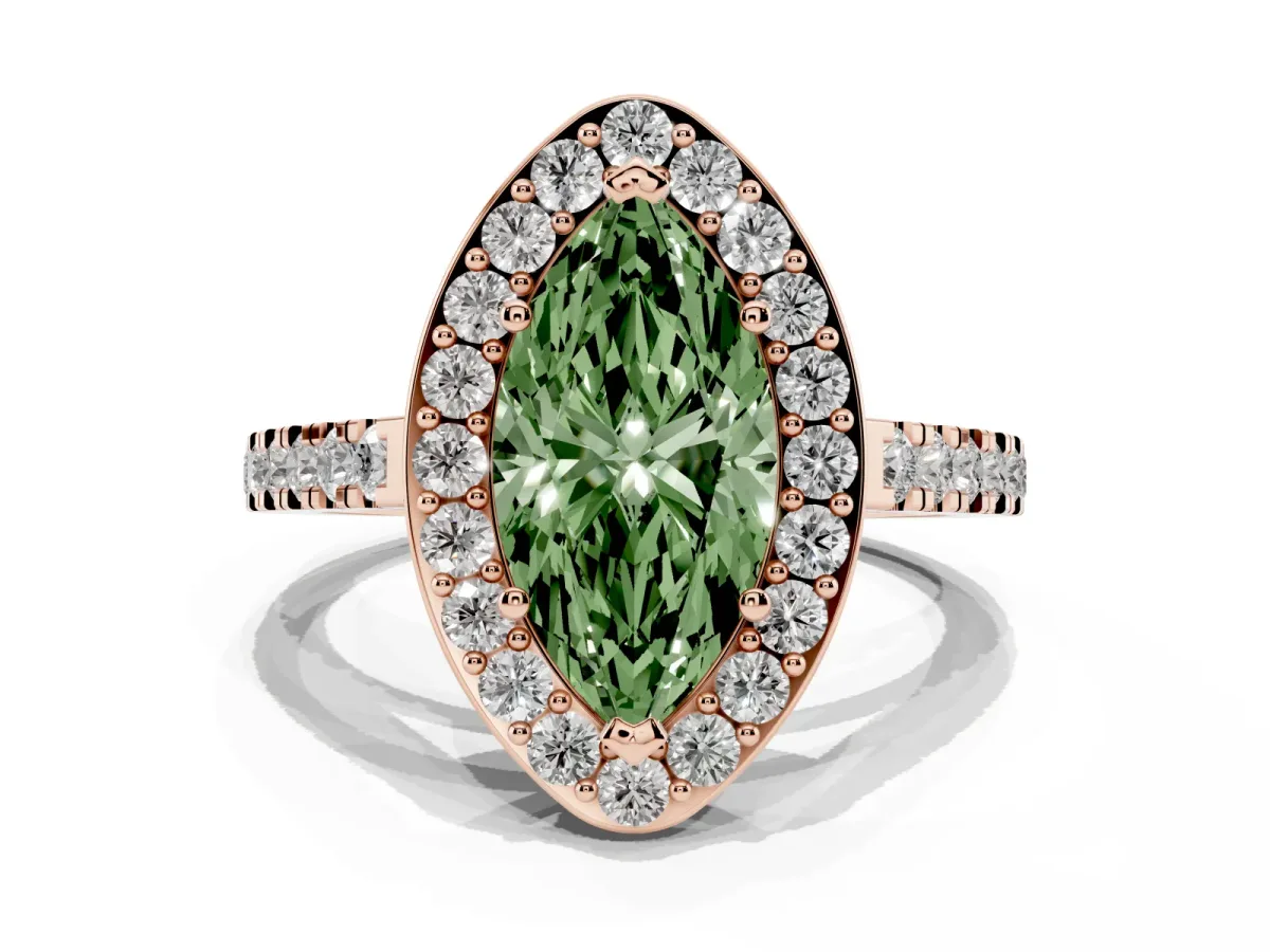 Fancy Green Marquise Cut Diamond Halo Ring with Round Pavé Split Shank and Prong Setting Rose gold
