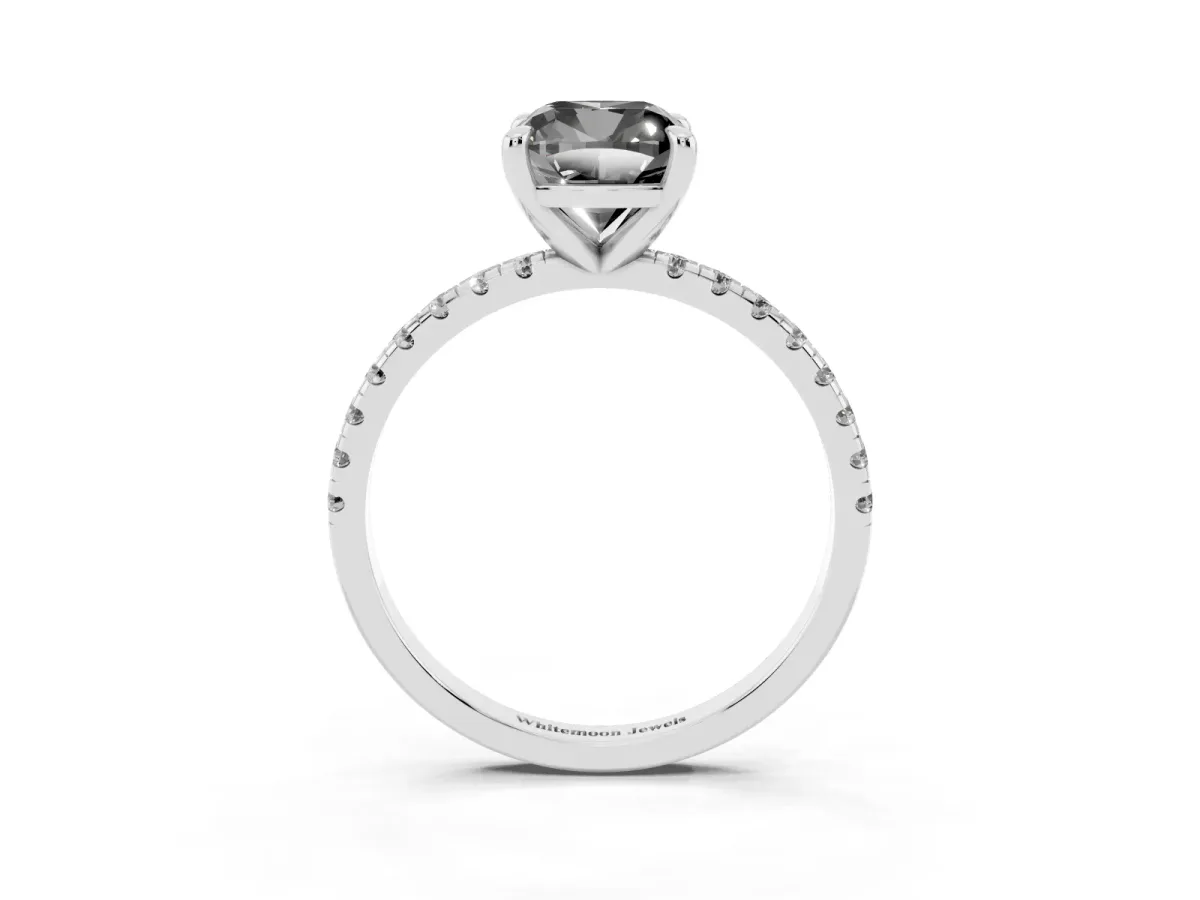 Fancy Black Cushion Cut Diamond Brilliant Solitaire Ring with Pavé Band and Four-Prong Setting White gold