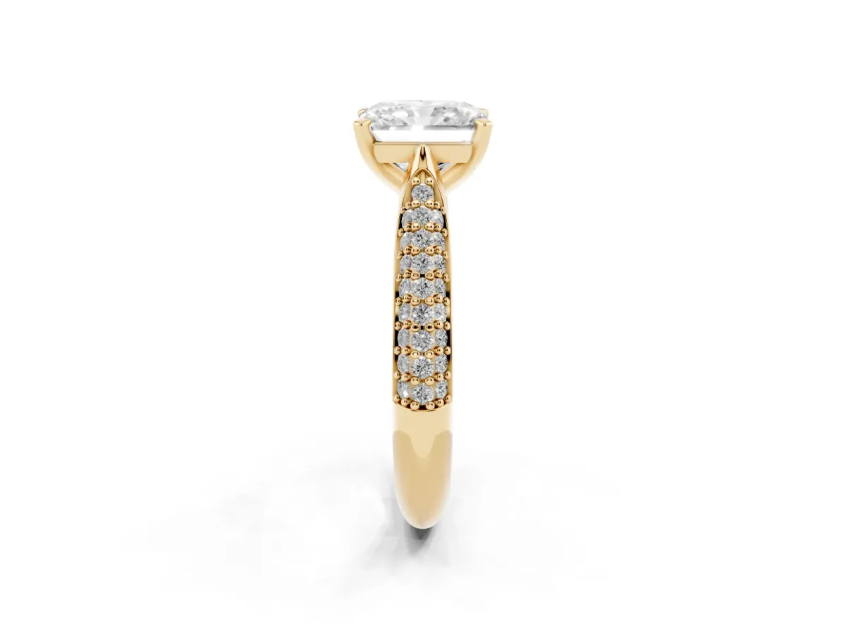 Radiant Cut Diamond Solitaire Engagement Ring with Multi-Row Round Pavé Band and Prong Setting Yellow gold
