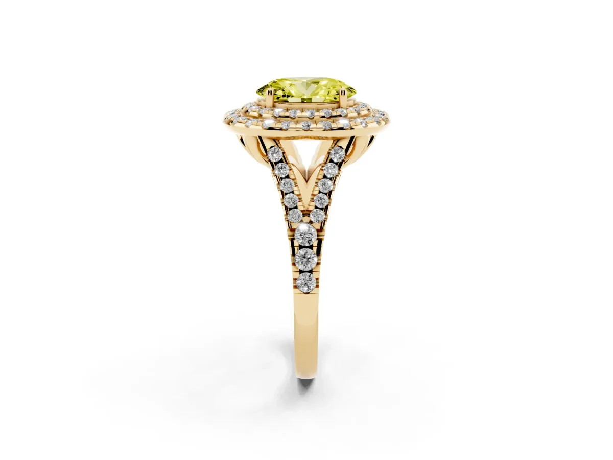 Fancy Yellow Double Halo Oval Cut Diamond Pavé Split Shank Ring with Prong Setting Yellow gold