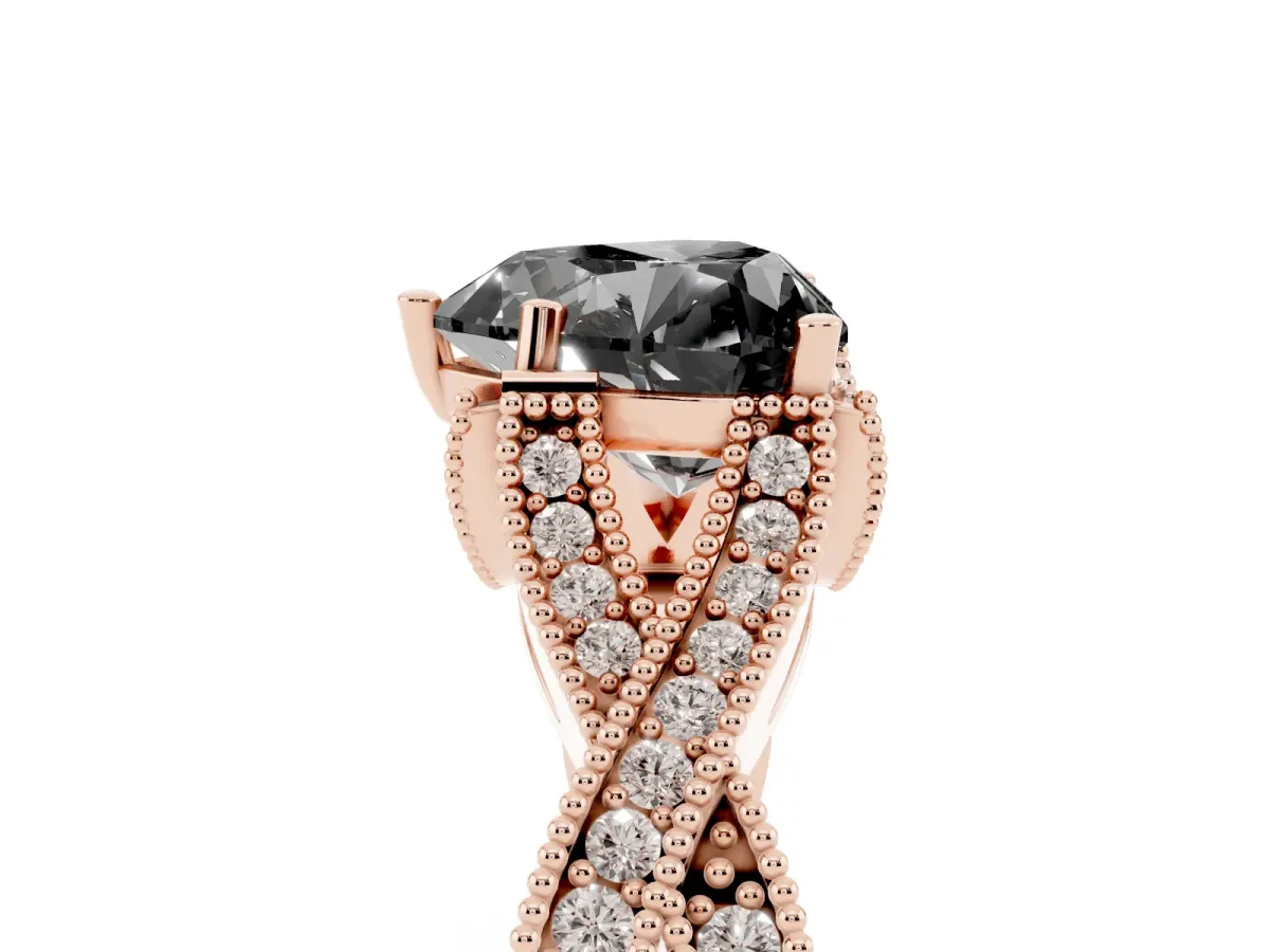 Fancy Black Heart Cut Cut Diamond Twisted Band with Milgrain Pave Setting and Four-Prong Setting Rose gold