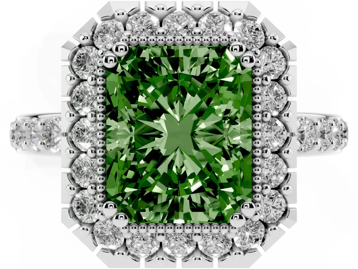 Fancy Green Radiant Cut Diamond Halo Ring with Pavé Band and Prong Setting Platinum